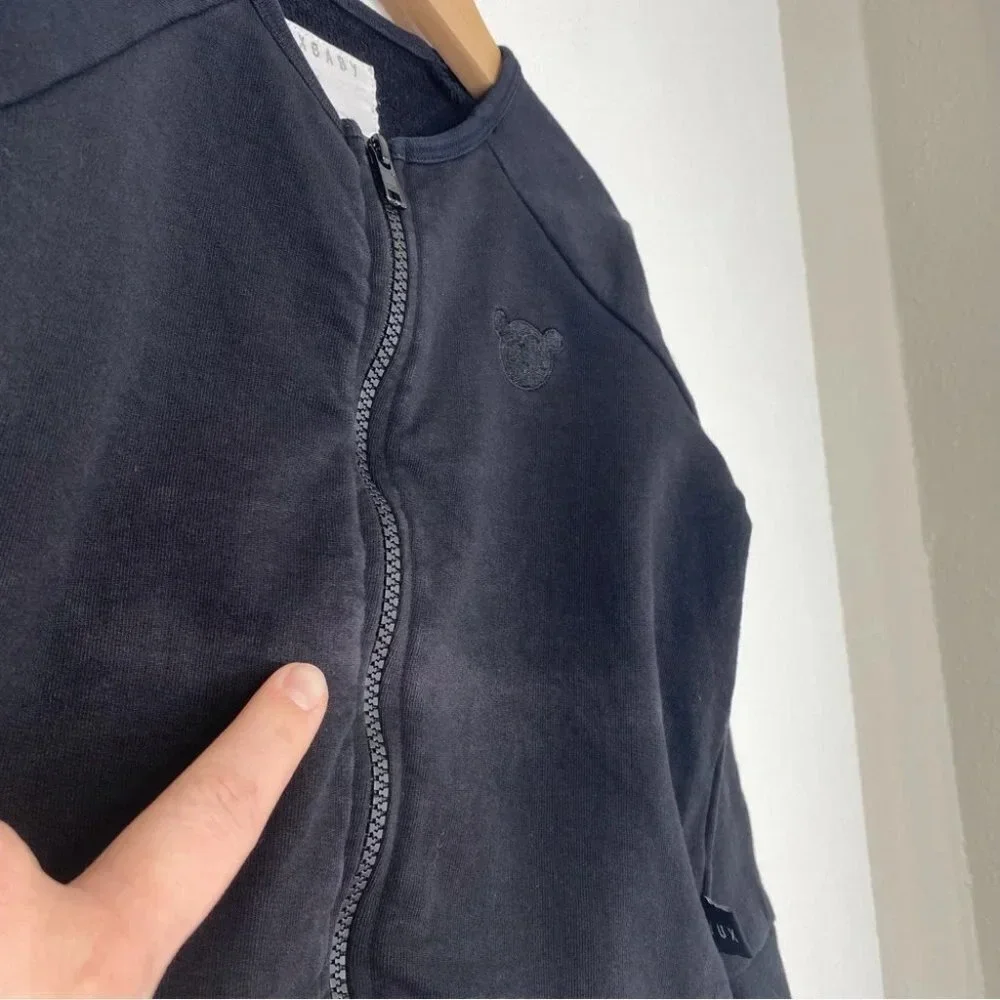 Huxbaby‎ sweat jacket black zip front bear appliqué collarless size 4 years